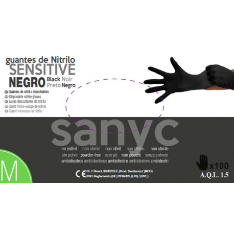 Guante de nitrilo sensitive sin polvo negro Sanyc 100 ud